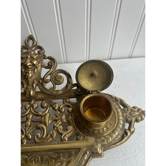 Vintage Ornate Brass Double Inkwell | Victorian-Inspired Desk Accessory - Picture 7 of 9